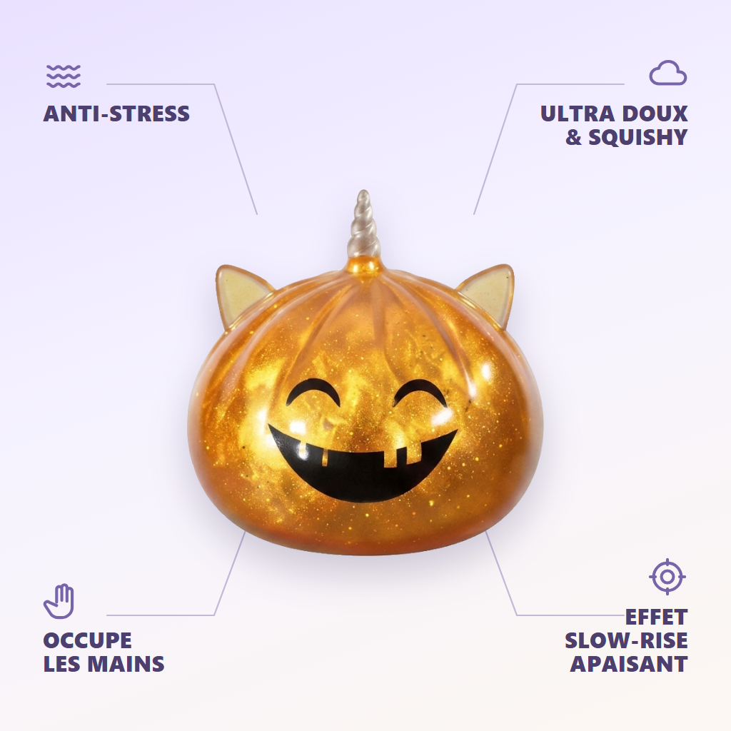 Dumpling Squishy Mystery Halloween Unicornio Cornudo — antiestrés, ultra blando, efecto slow-rise