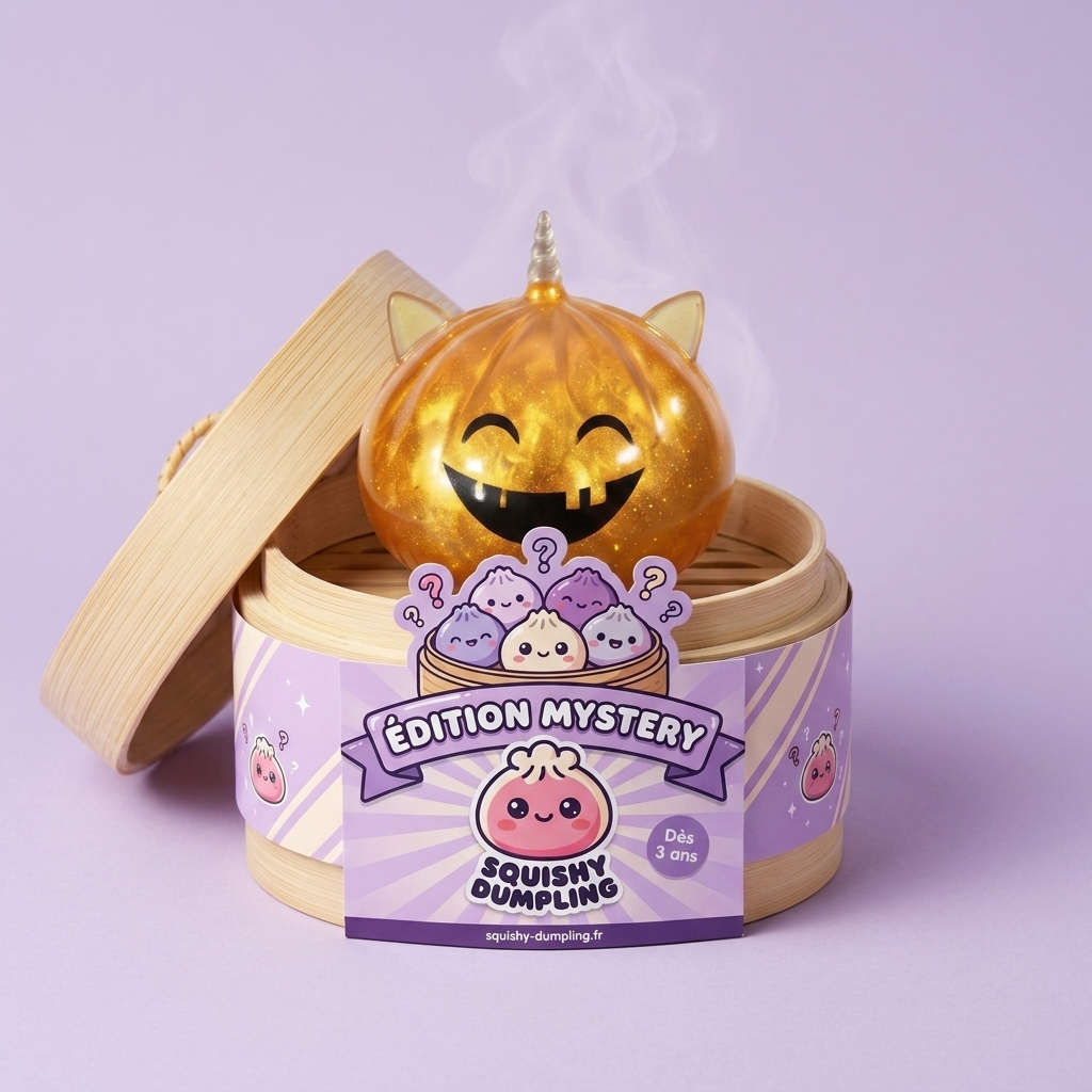 Dumpling Squishy Mystery Halloween Unicornio Cornudo en su cesta de vapor de bambú