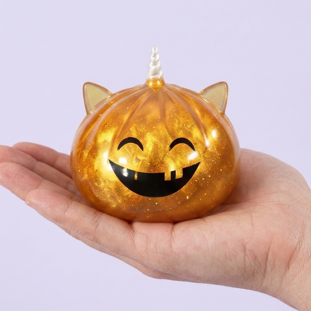 Dumpling Squishy Mystery Halloween Unicornio Cornudo en la mano, tamaño real