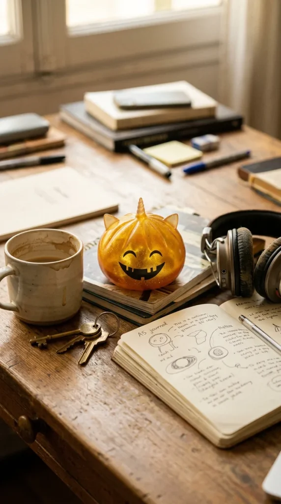 Dumpling Squishy Mystery Halloween Unicornio Cornudo en un escritorio