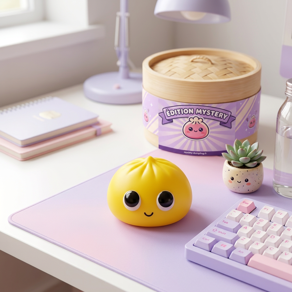 Dumpling Squishy Mystery Pop Ojos Grandes en un ambiente de escritorio