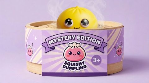 Dumpling Squishy Mystery Pop Ojos Grandes en su cesta de vapor de bambú