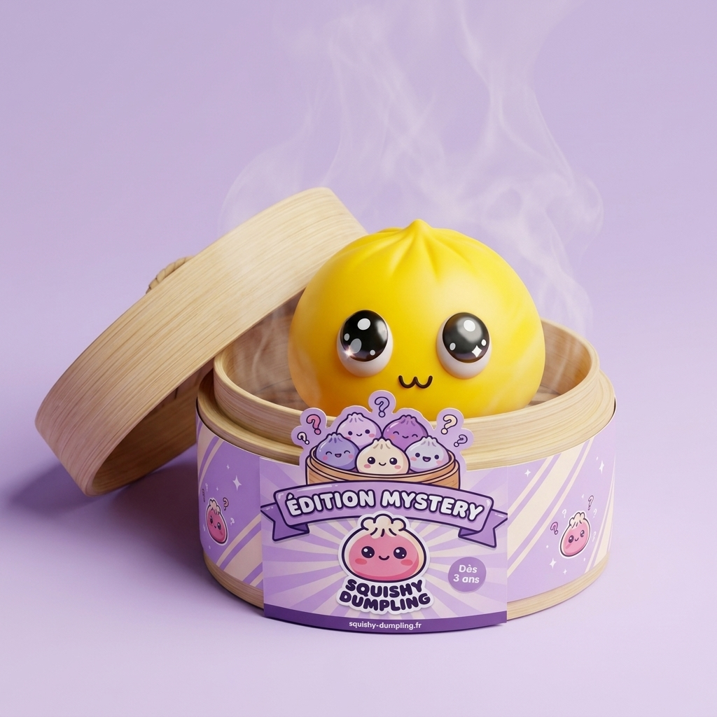 Dumpling Squishy Mystery Pop Ojos Grandes en su cesta de vapor de bambú