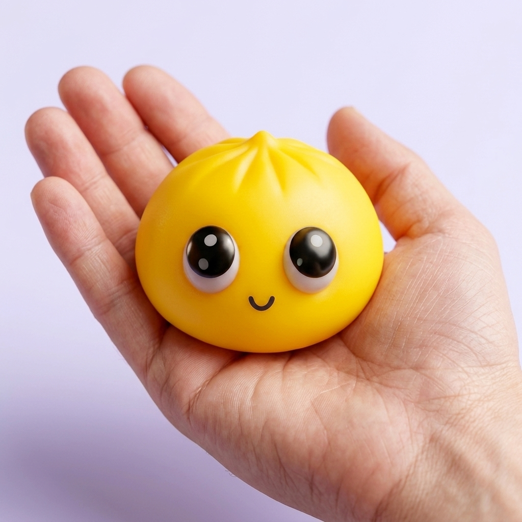 Dumpling Squishy Mystery Pop Ojos Grandes en la mano, tamaño real