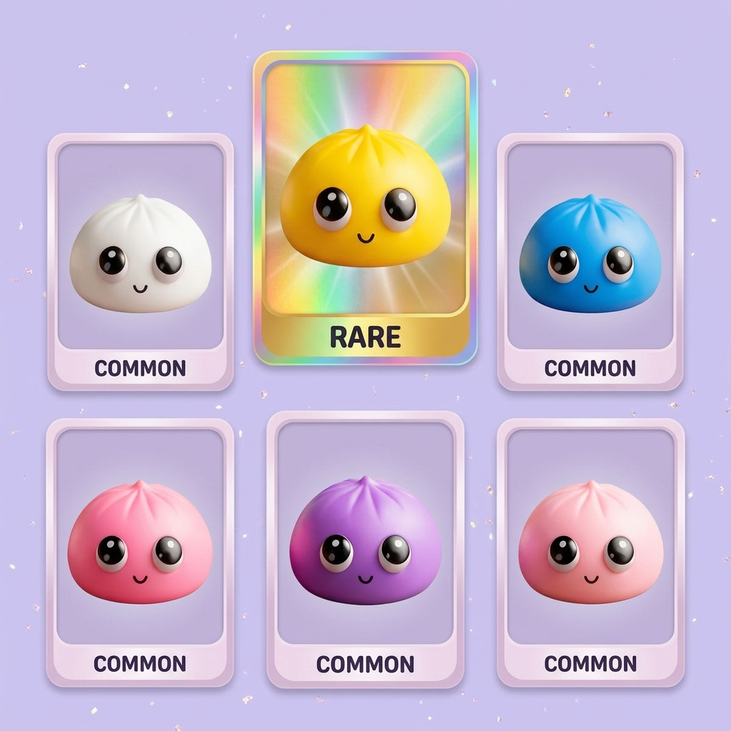 Dumpling Squishy Mystery Pop Ojos Grandes — tabla de rarezas (común, raro, ultra raro)