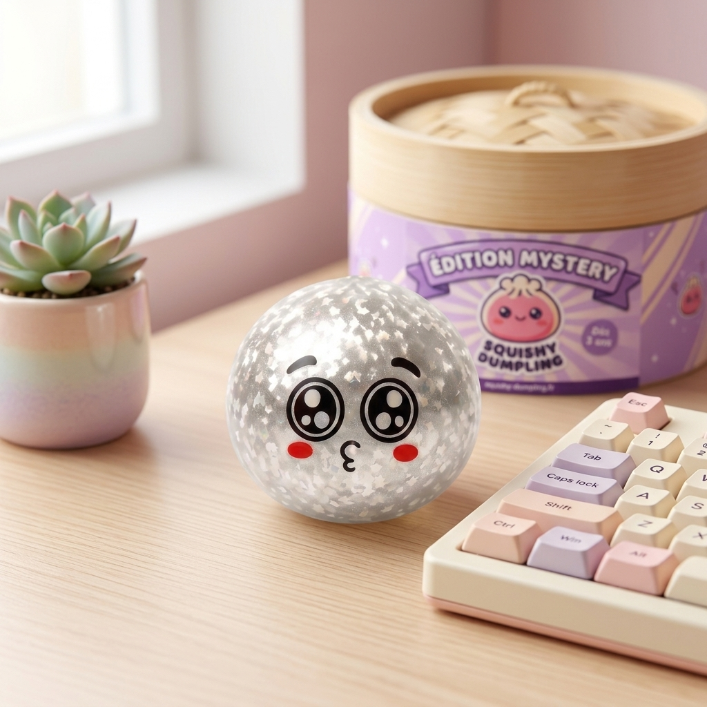 Squishy Dumpling Mystery Puppy Eyed en un ambiente de escritorio