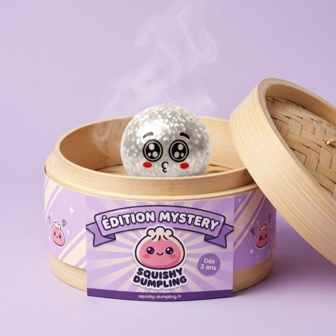 Squishy Dumpling Mystery Puppy Eyed en su cesta de vapor de bambú