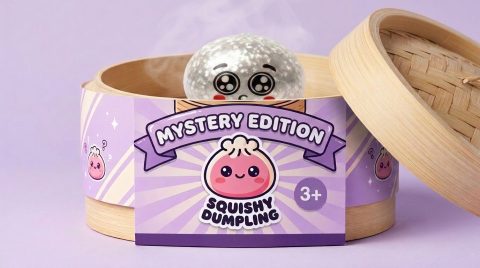 Squishy Dumpling Mystery Puppy Eyed en su cesta de vapor de bambú