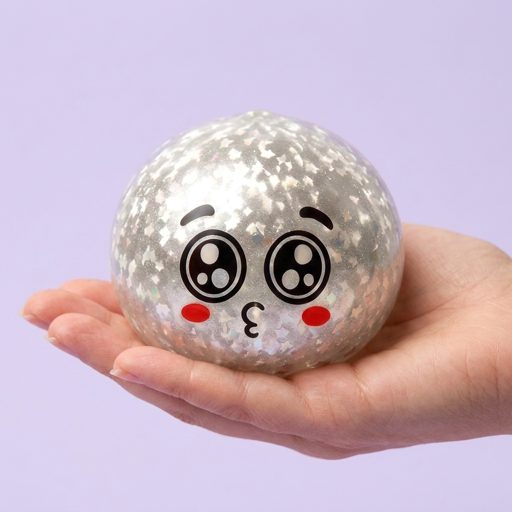 Squishy Dumpling Mystery Puppy Eyed en la mano, tamaño real