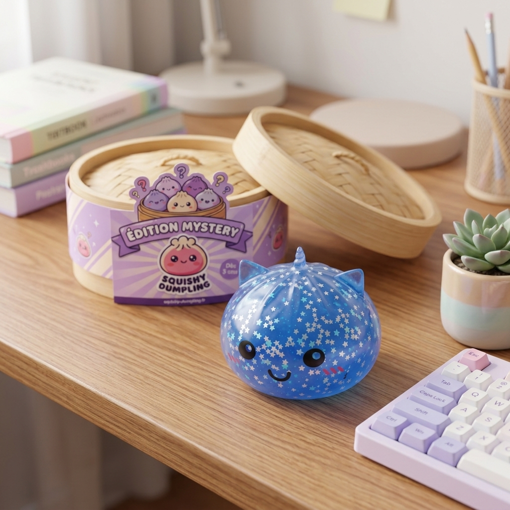 Squishy Dumpling Unicornio Mystery Glitter en un ambiente de escritorio