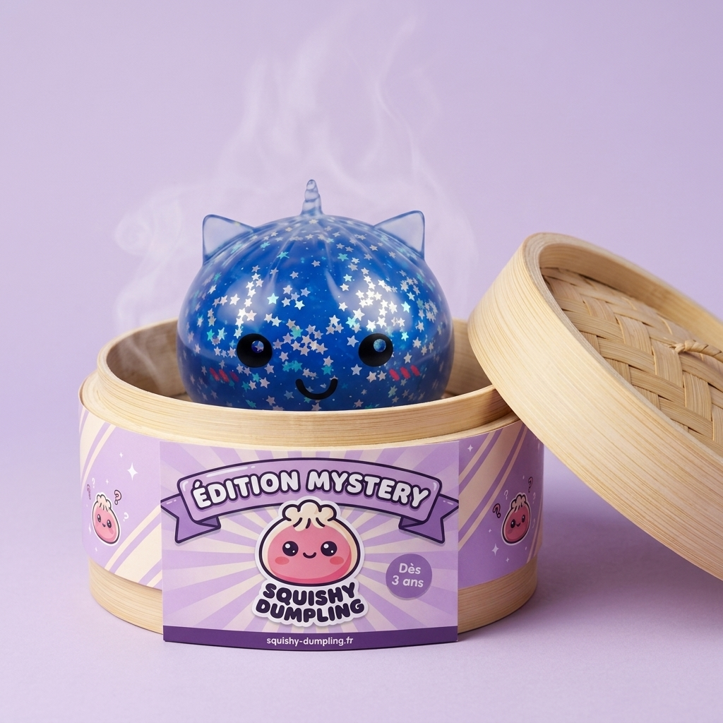 Squishy Dumpling Unicornio Mystery Glitter en su cesta de vapor de bambú