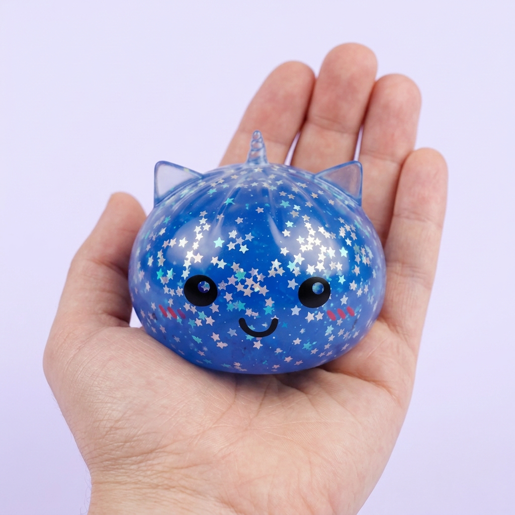 Squishy Dumpling Unicornio Mystery Glitter en la mano, tamaño real