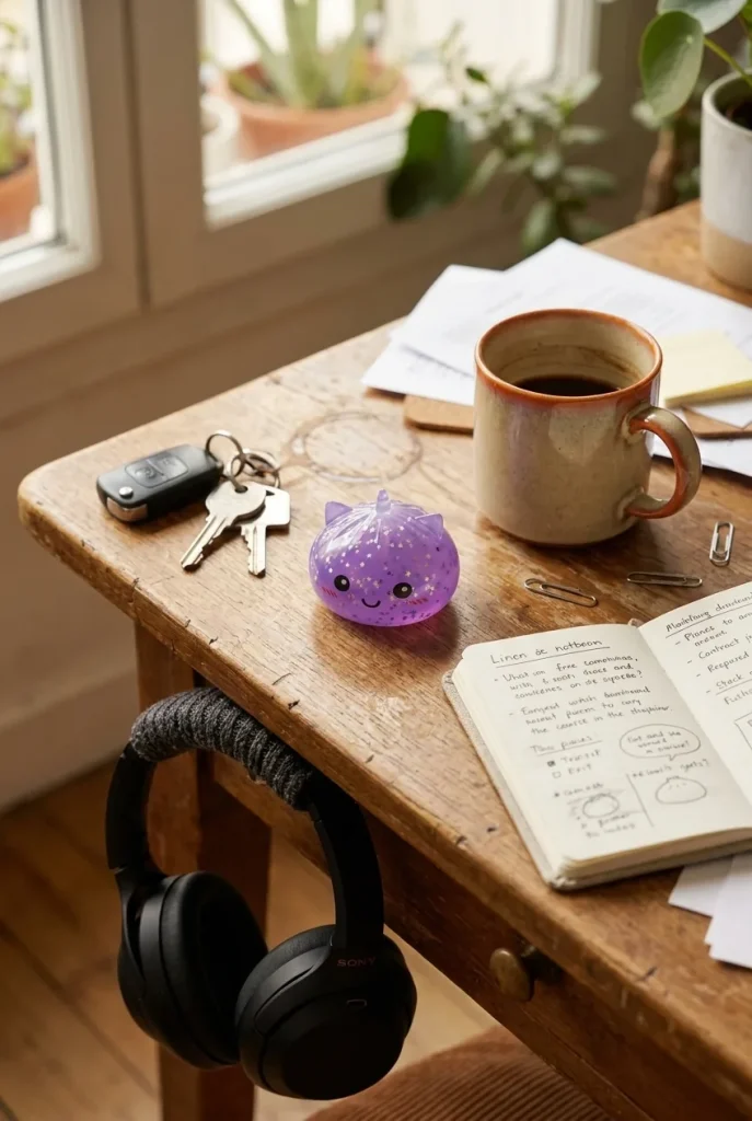 Squishy Dumpling Unicornio Mystery Glitter en un escritorio