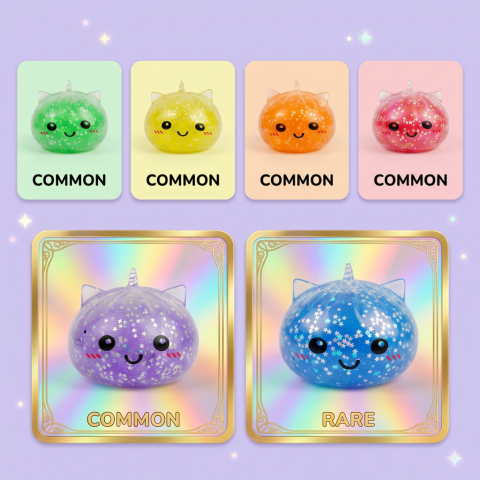 Squishy Dumpling Unicornio Mystery Glitter — tabla de rarezas (común, raro, ultra raro)