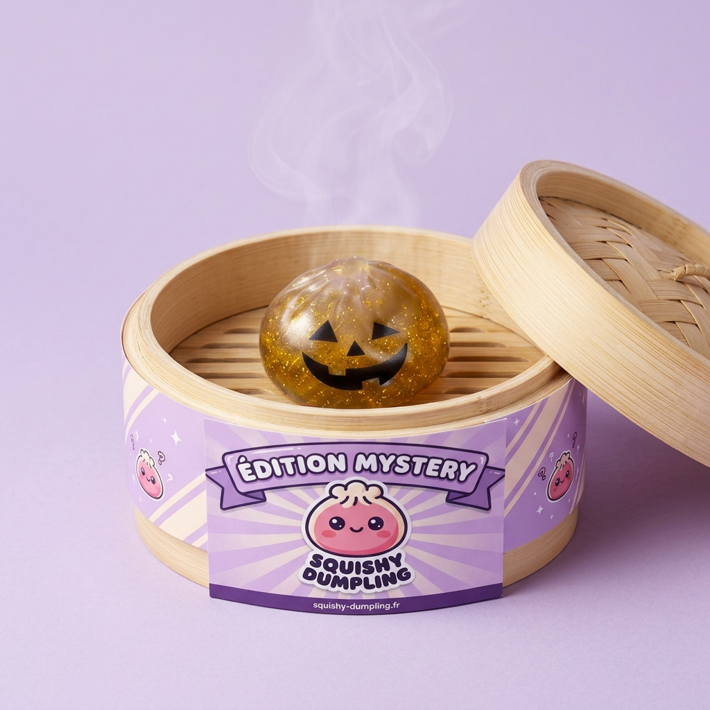 Dumpling Squishy Vampire Mystery Carmesí en su cesta de vapor de bambú