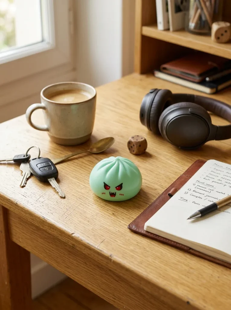 Dumpling Squishy Vampire Mystery Carmesí en un escritorio