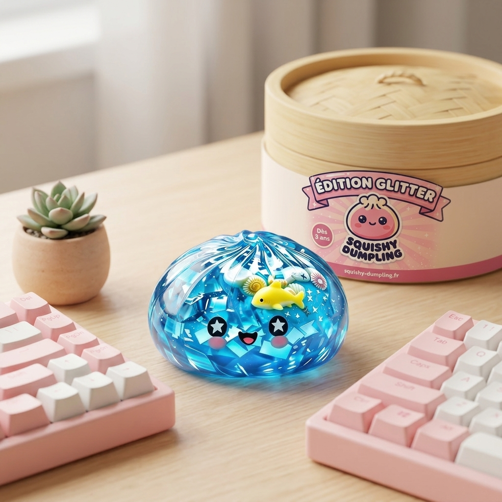 Squishy Dumpling Glitter Océano Arrecife de Coral en un ambiente de escritorio