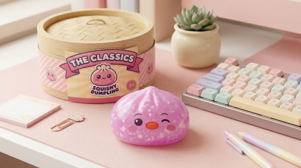 Squishy Dumpling Pingüino Rosa Caramelo en un ambiente de escritorio