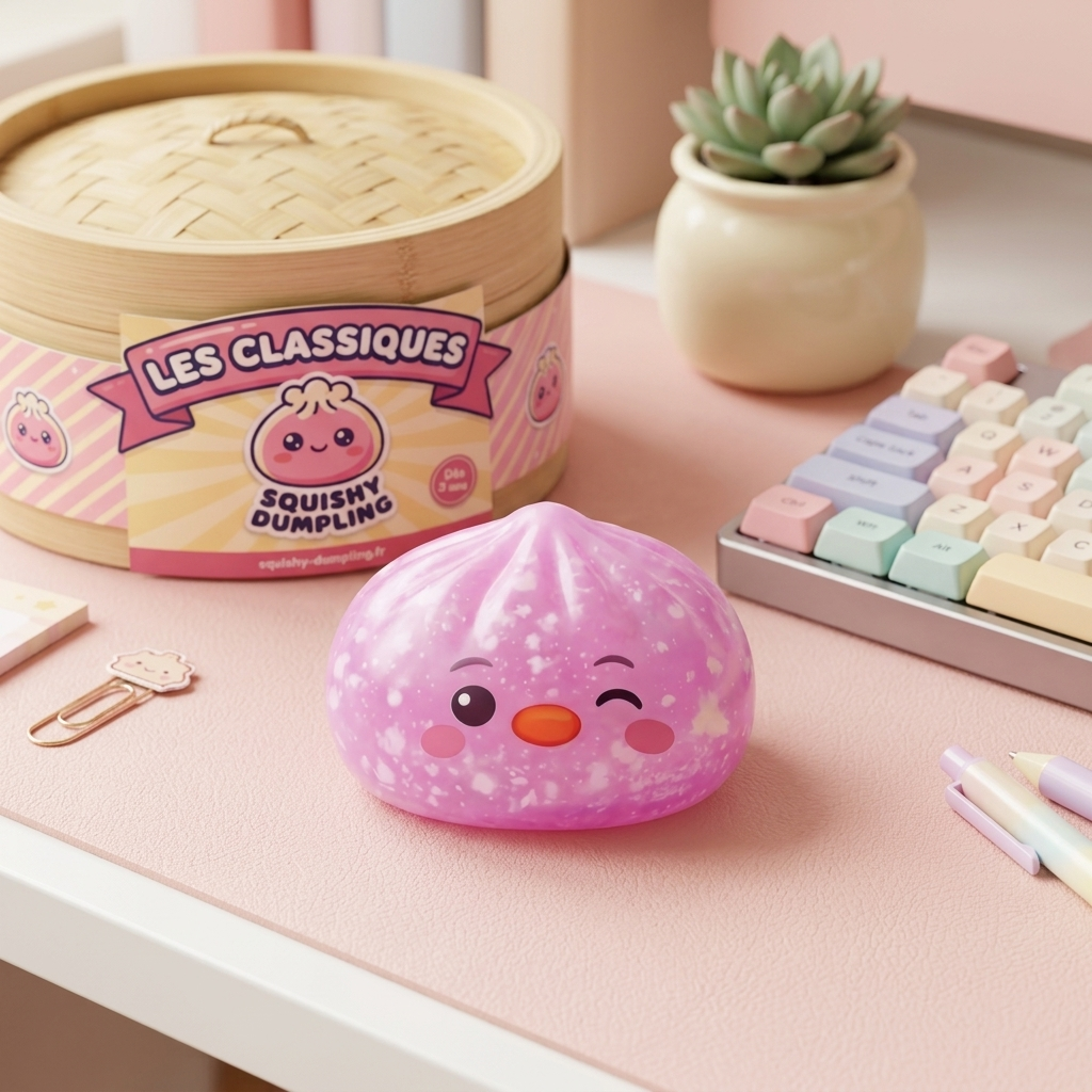 Squishy Dumpling Pingüino Rosa Caramelo en un ambiente de escritorio