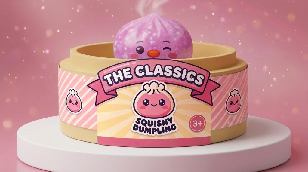 Squishy Dumpling Pingüino Rosa Caramelo en su cesta de vapor de bambú