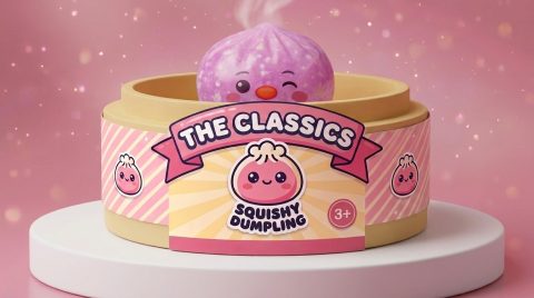 Squishy Dumpling Pingüino Rosa Caramelo en su cesta de vapor de bambú