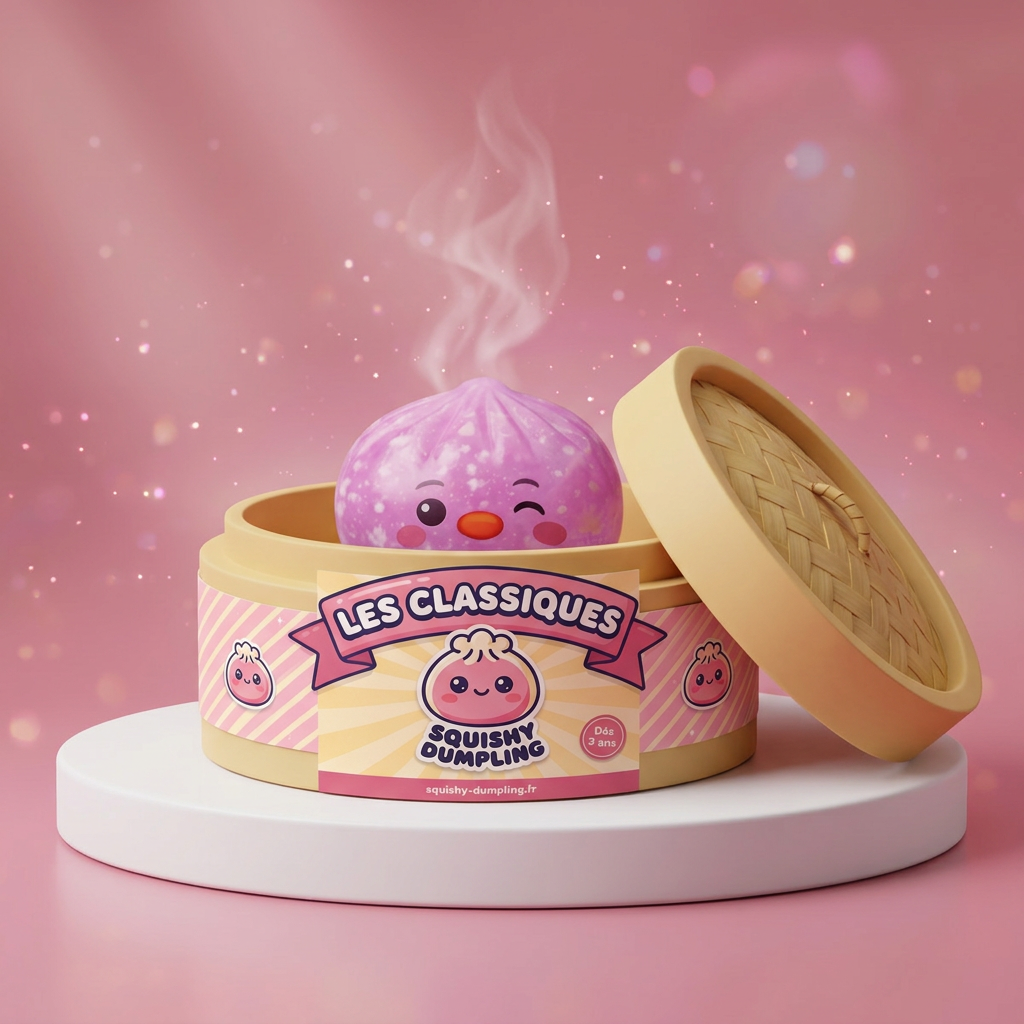Squishy Dumpling Pingüino Rosa Caramelo en su cesta de vapor de bambú