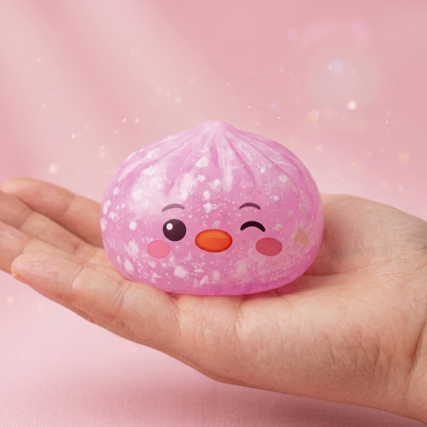 Squishy Dumpling Pingüino Rosa Caramelo en la mano, tamaño real