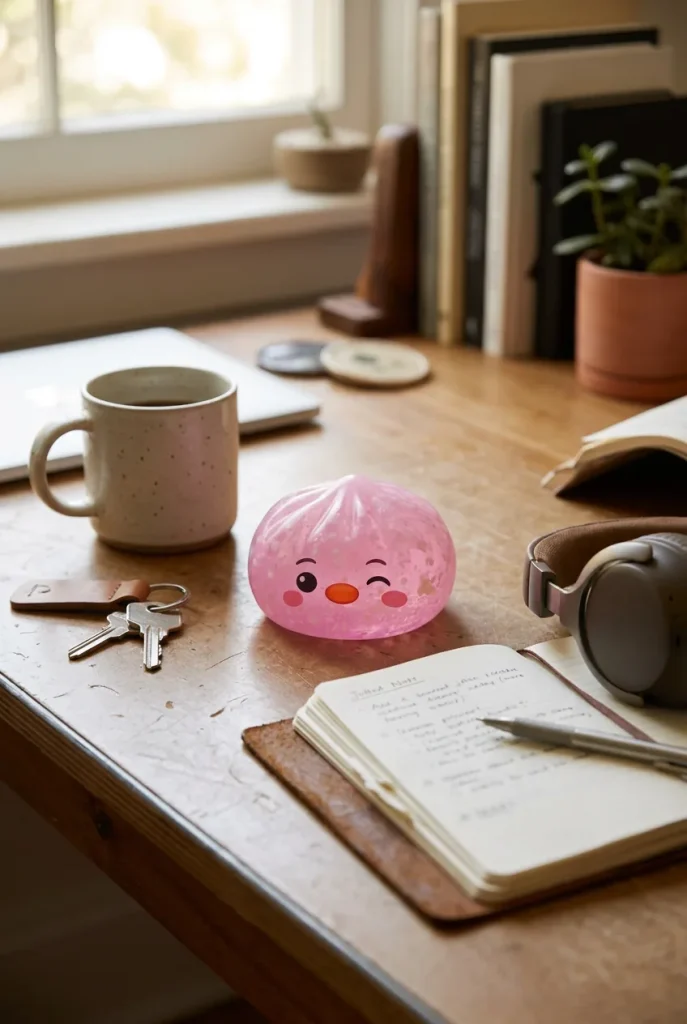 Squishy Dumpling Pingüino Rosa Caramelo en un escritorio