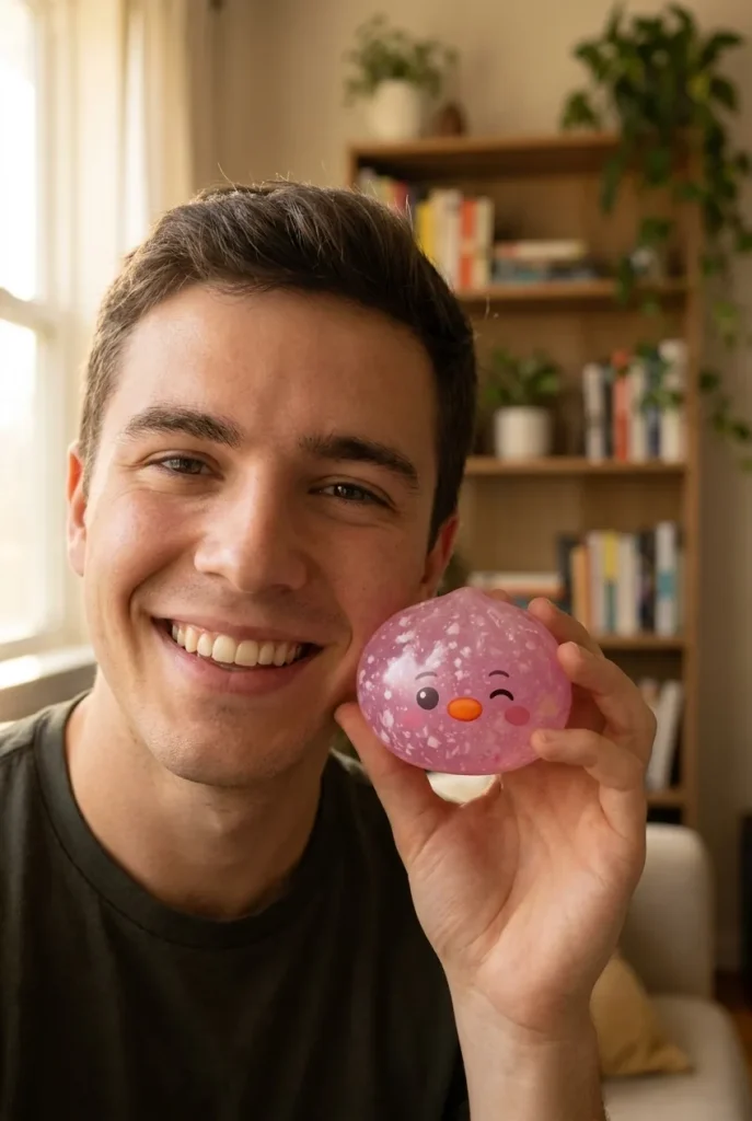 Squishy Dumpling Pingüino Rosa Caramelo cerca de la cara