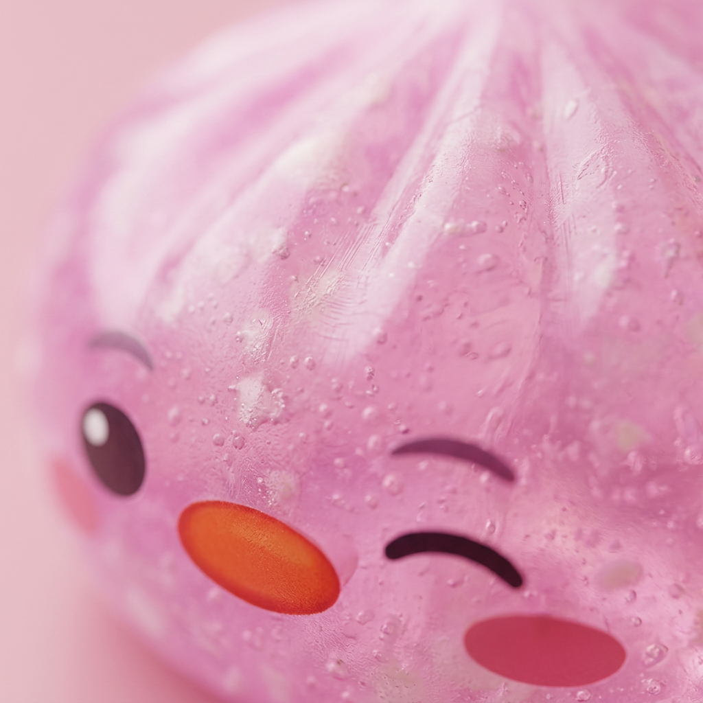 Squishy Dumpling Pingüino Rosa Caramelo — primer plano macro de la textura