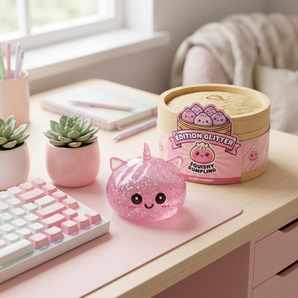 Dumpling Squishy Unicornio Rosa Glitter en un ambiente de escritorio
