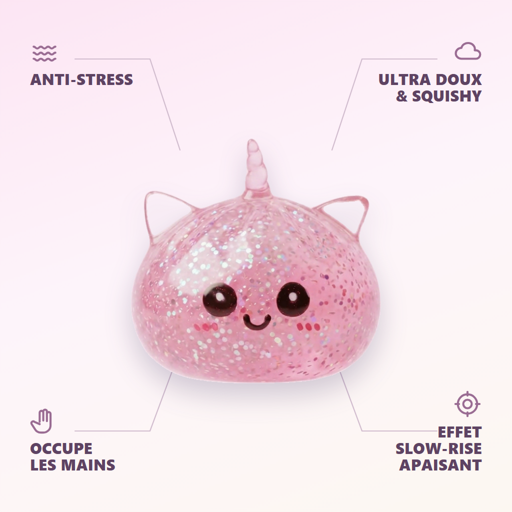 Dumpling Squishy Unicornio Rosa Glitter — antiestrés, ultra blando, efecto slow-rise