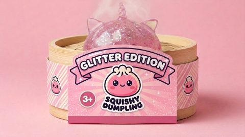 Dumpling Squishy Unicornio Rosa Glitter en su cesta de vapor de bambú