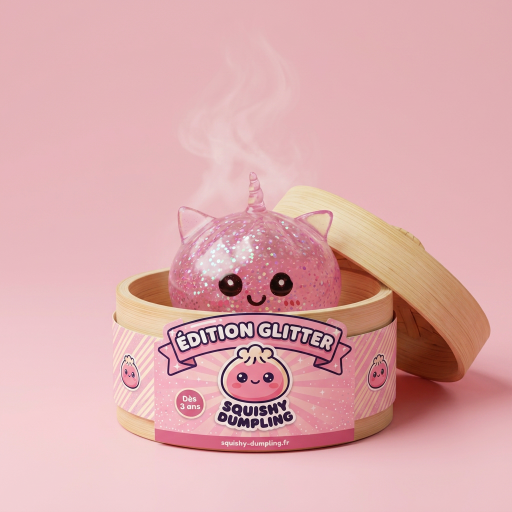 Dumpling Squishy Unicornio Rosa Glitter en su cesta de vapor de bambú