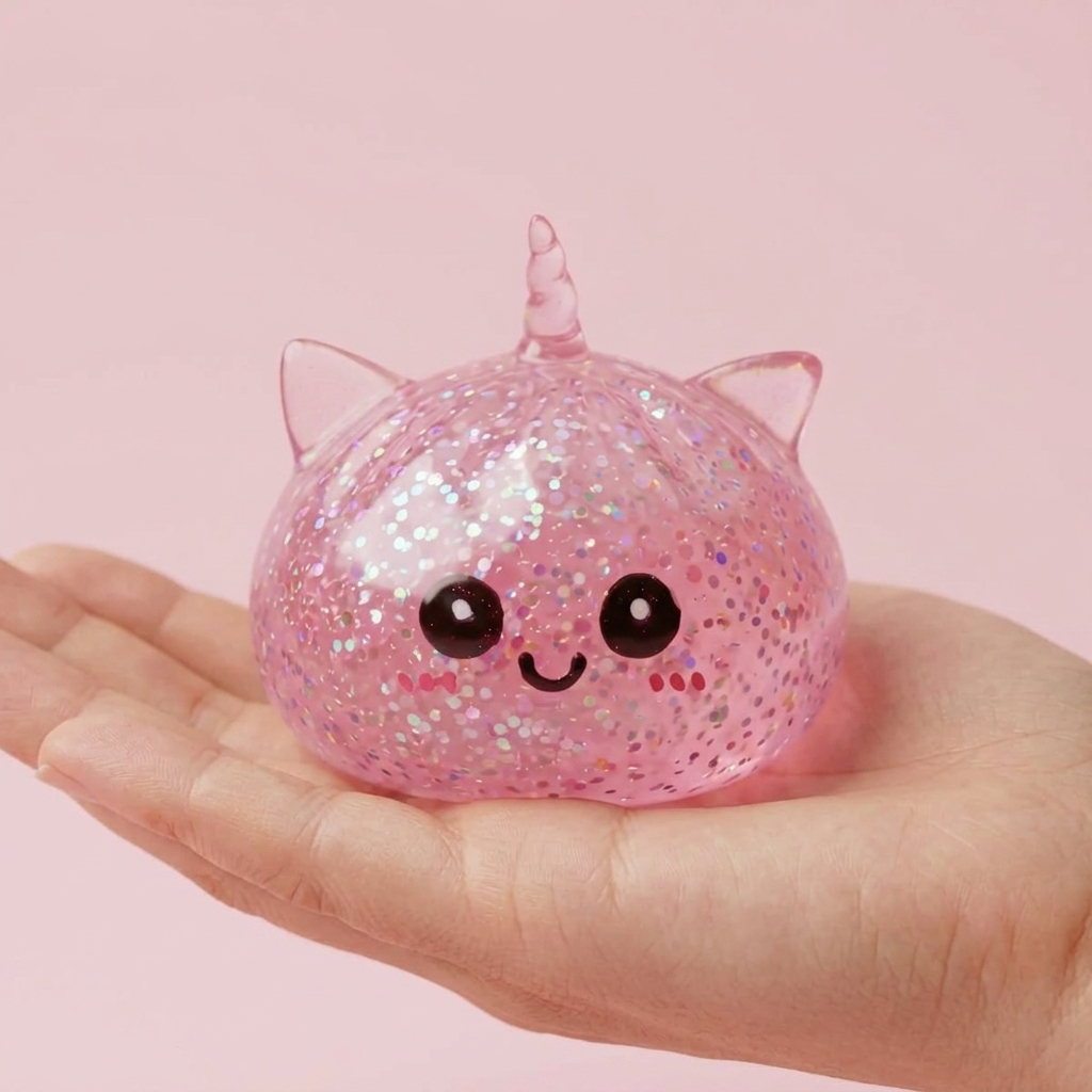 Dumpling Squishy Unicornio Rosa Glitter en la mano, tamaño real