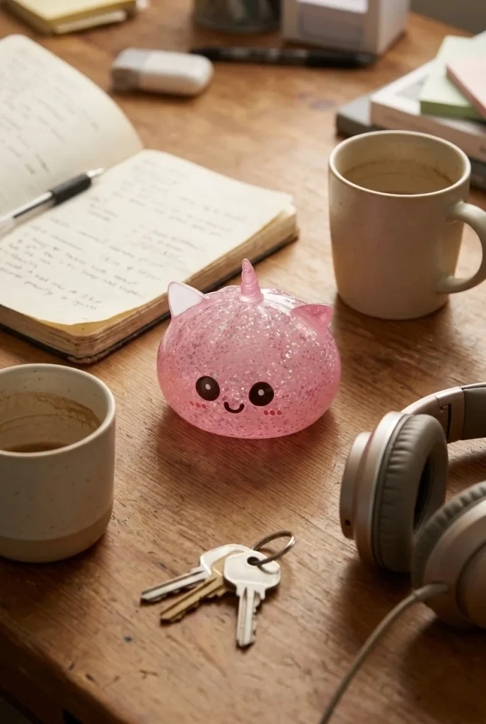 Dumpling Squishy Unicornio Rosa Glitter en un escritorio