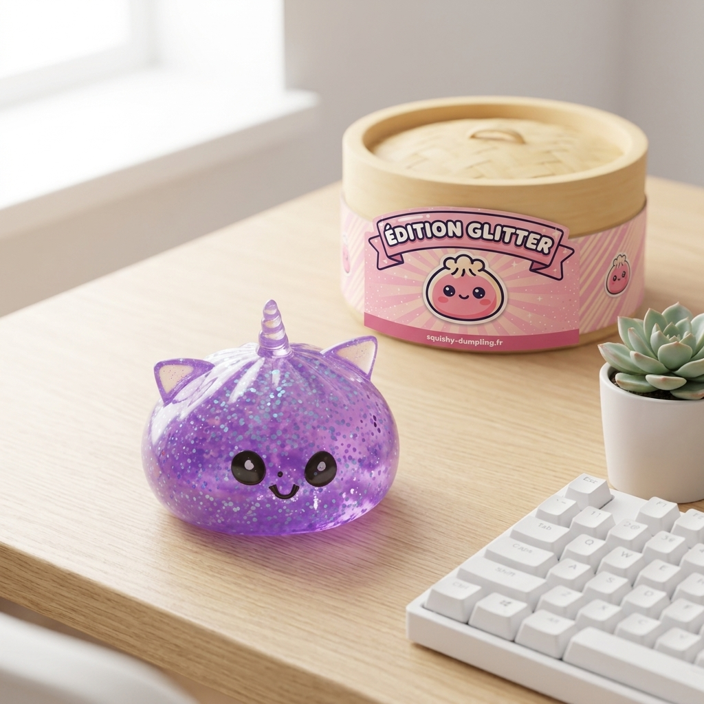 Dumpling Squishy Unicornio Glitter Violeta en un ambiente de escritorio