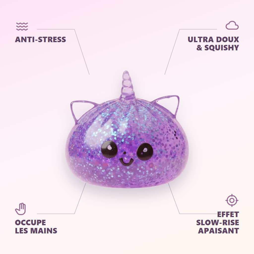 Dumpling Squishy Unicornio Glitter Violeta — antiestrés, ultra blando, efecto slow-rise