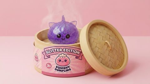 Dumpling Squishy Unicornio Glitter Violeta en su cesta de vapor de bambú