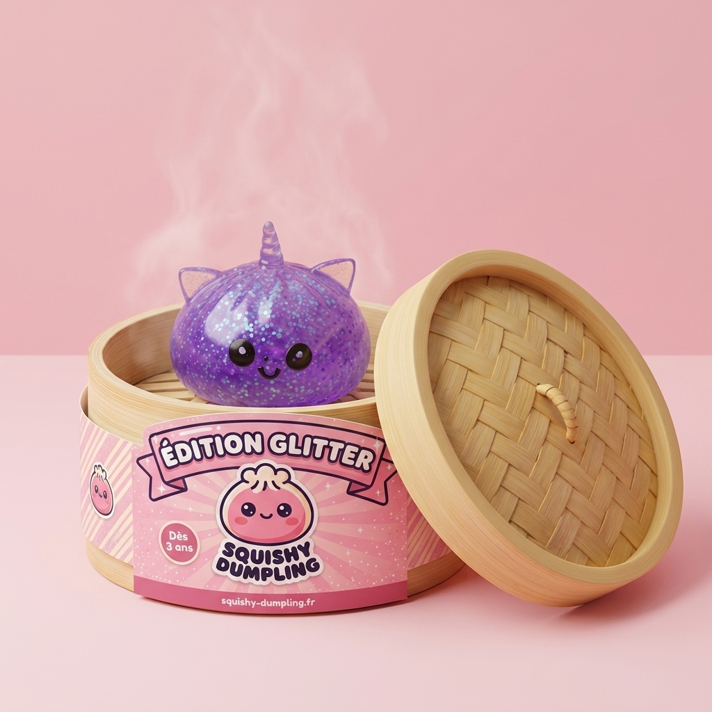 Dumpling Squishy Unicornio Glitter Violeta en su cesta de vapor de bambú