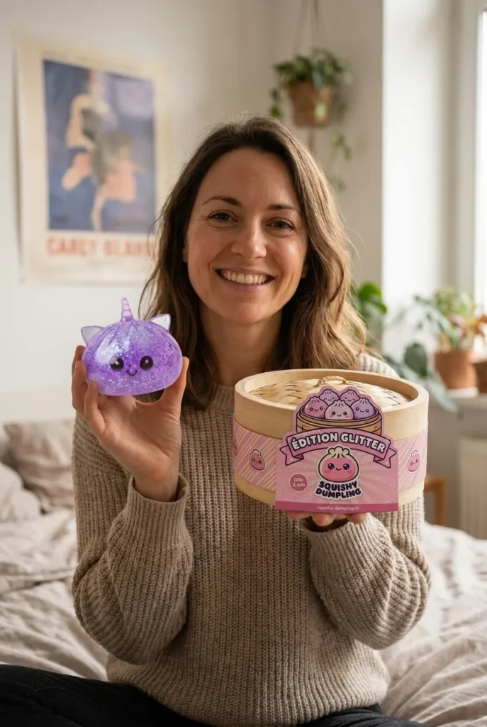 Dumpling Squishy Unicornio Glitter Violeta con su cesta de vapor de bambú