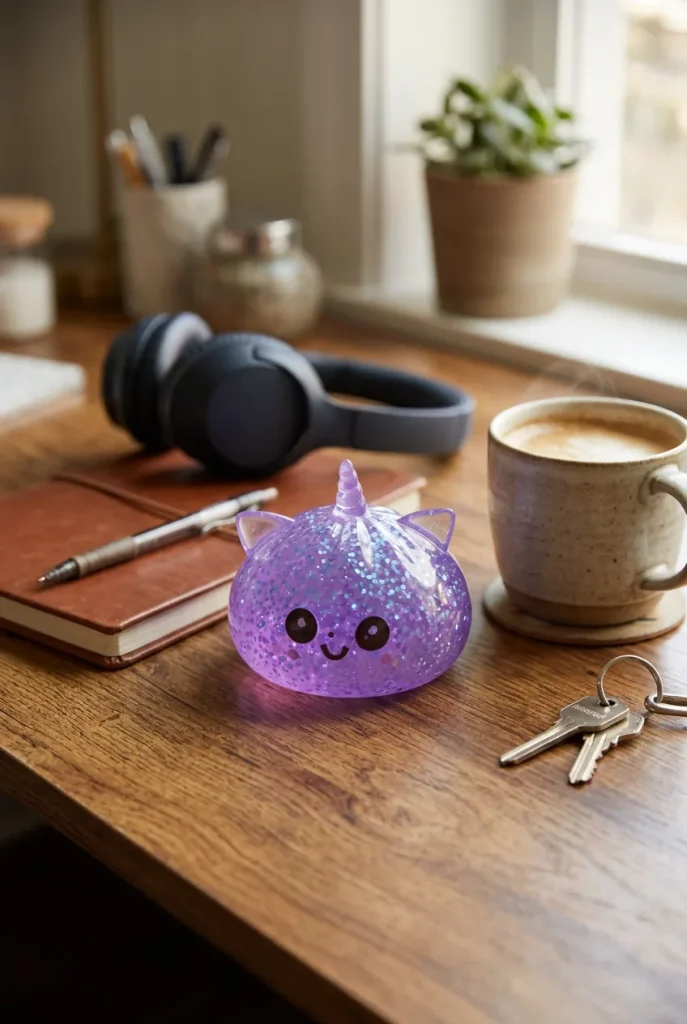 Dumpling Squishy Unicornio Glitter Violeta en un escritorio