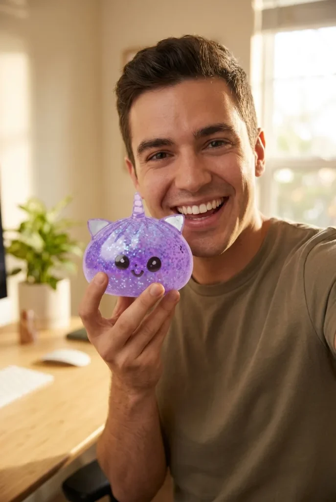 Dumpling Squishy Unicornio Glitter Violeta cerca de la cara