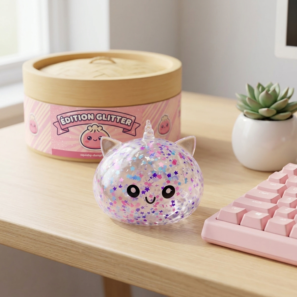 Dumpling Squishy Unicorn Sparkle Blanco en un ambiente de escritorio