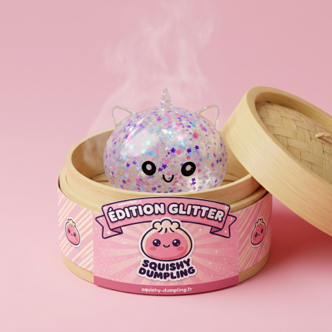 Dumpling Squishy Unicorn Sparkle Blanco en su cesta de vapor de bambú