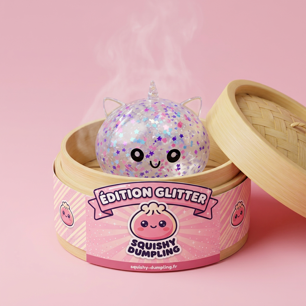 Dumpling Squishy Unicorn Sparkle Blanco en su cesta de vapor de bambú