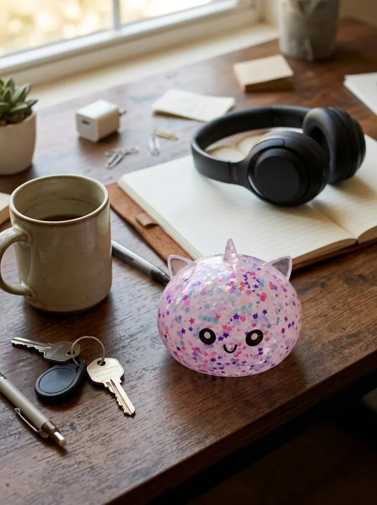 Dumpling Squishy Unicorn Sparkle Blanco en un escritorio
