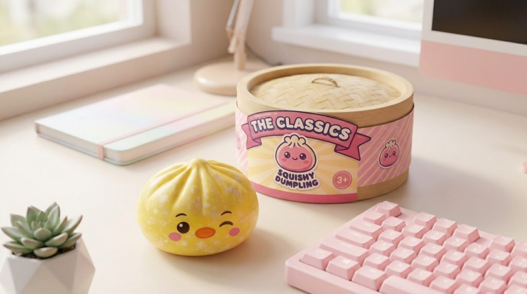 Squishy Dumpling Pingüino Amarillo Mantequilla en un ambiente de escritorio