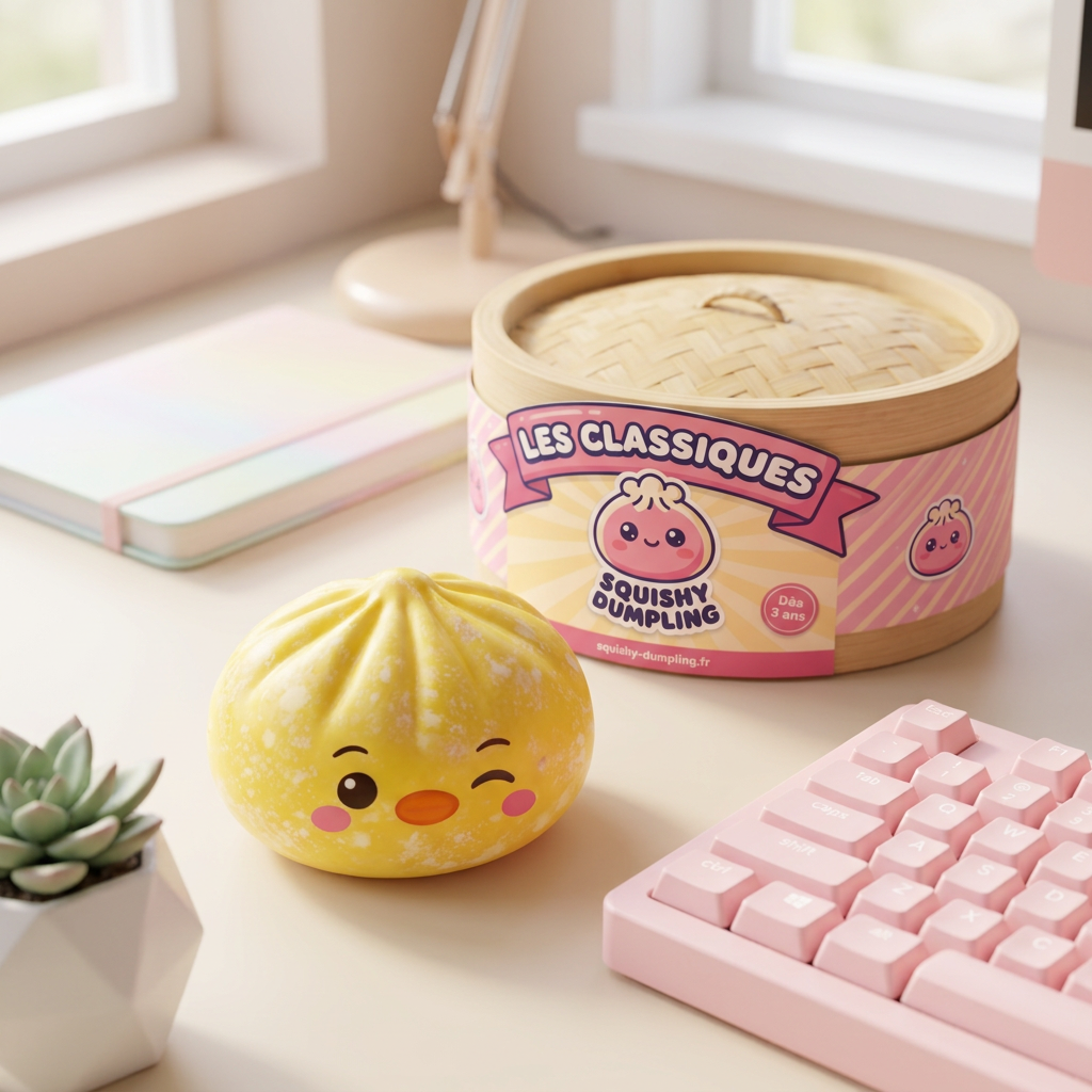 Squishy Dumpling Pingüino Amarillo Mantequilla en un ambiente de escritorio