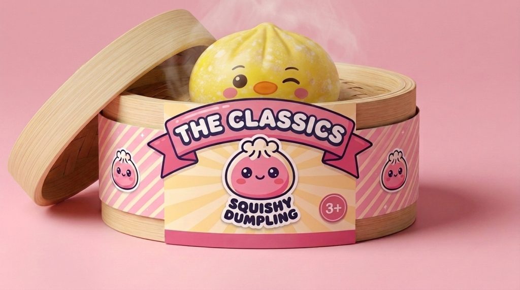 Squishy Dumpling Pingüino Amarillo Mantequilla en su cesta de vapor de bambú